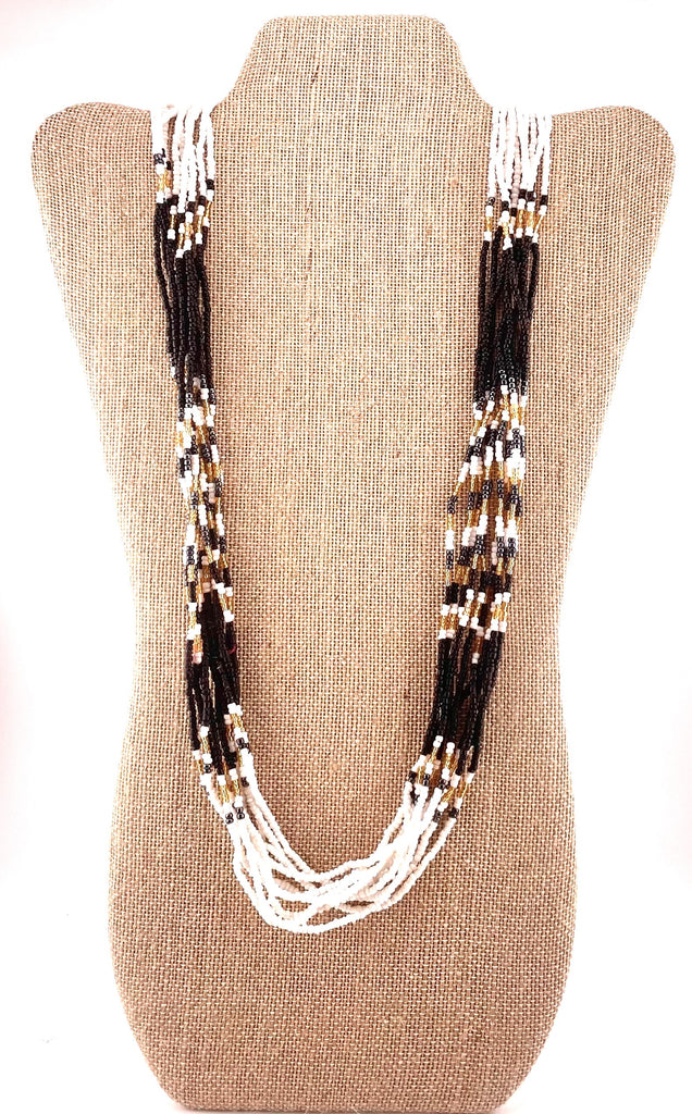 Beaded Necklace - Black, White & Gold