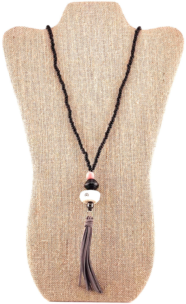 Black Seed Bead with Bone & Suede Grey Tassel