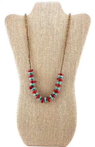 Gold Seed Bead Red/Turquoise Necklace