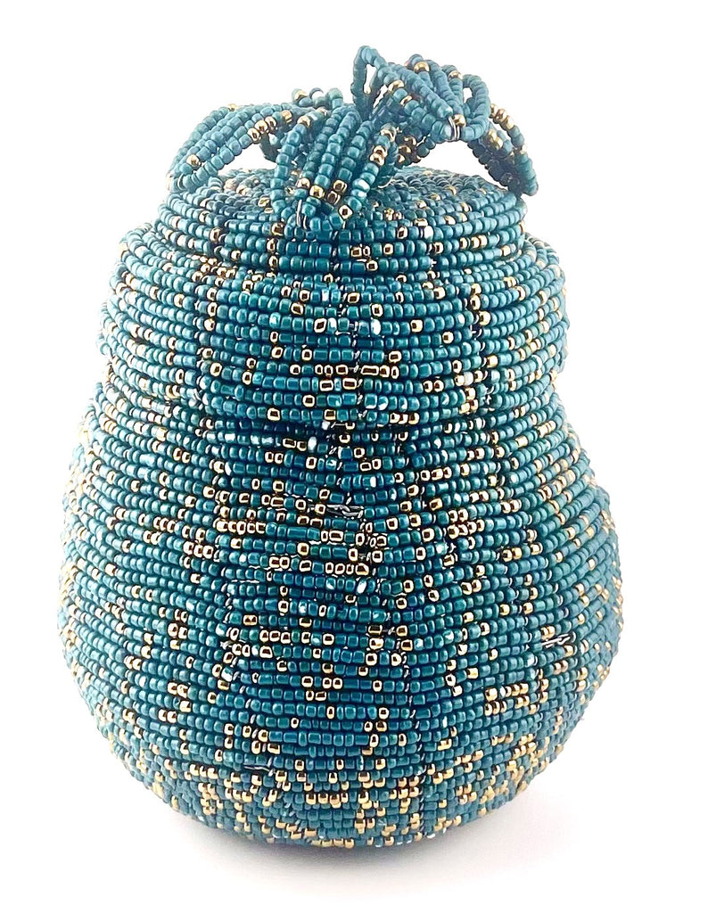 Turquoise/Gold Seed Bead Pear Shaped Mini Basket with Lid