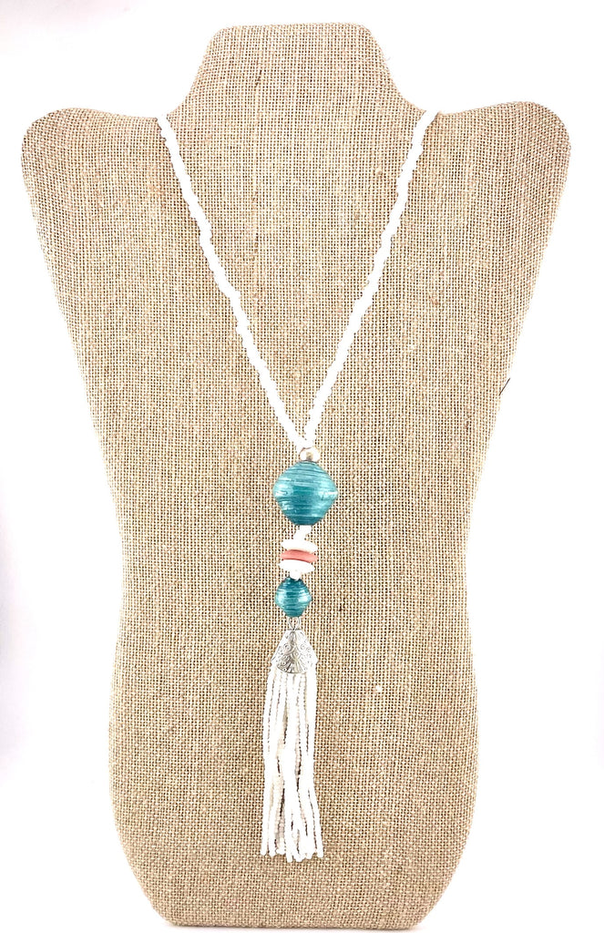 Turquoise Paper Bead/White Seed Beads Tassel Necklace
