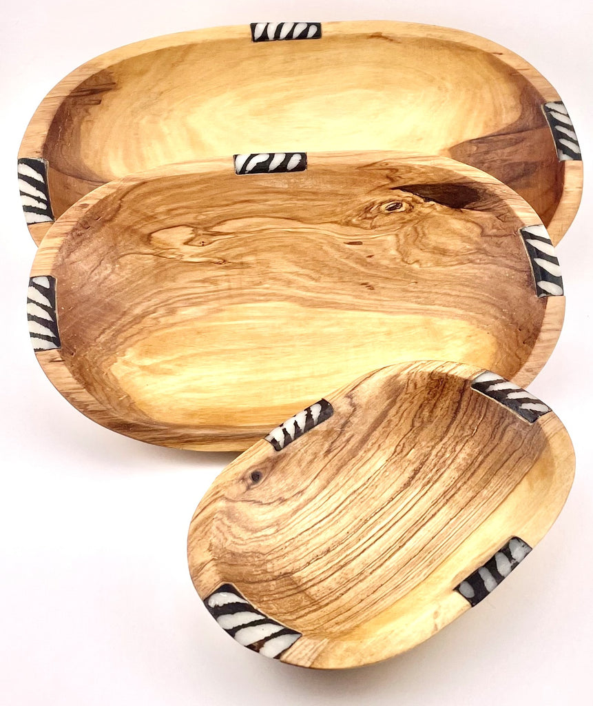 Hand-Carved Olive Wood & Bone Nesting Ovals