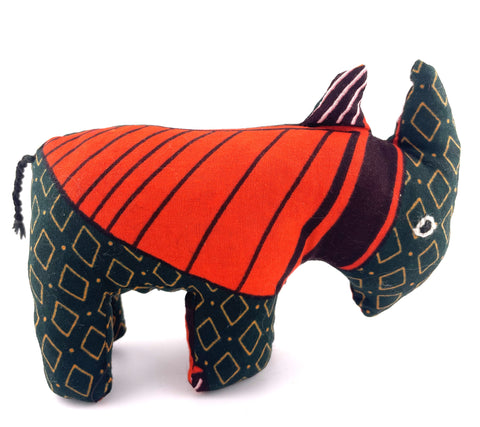 Red/Green Kanga Fabric Stuffed Toto Rhino (Kifaru)