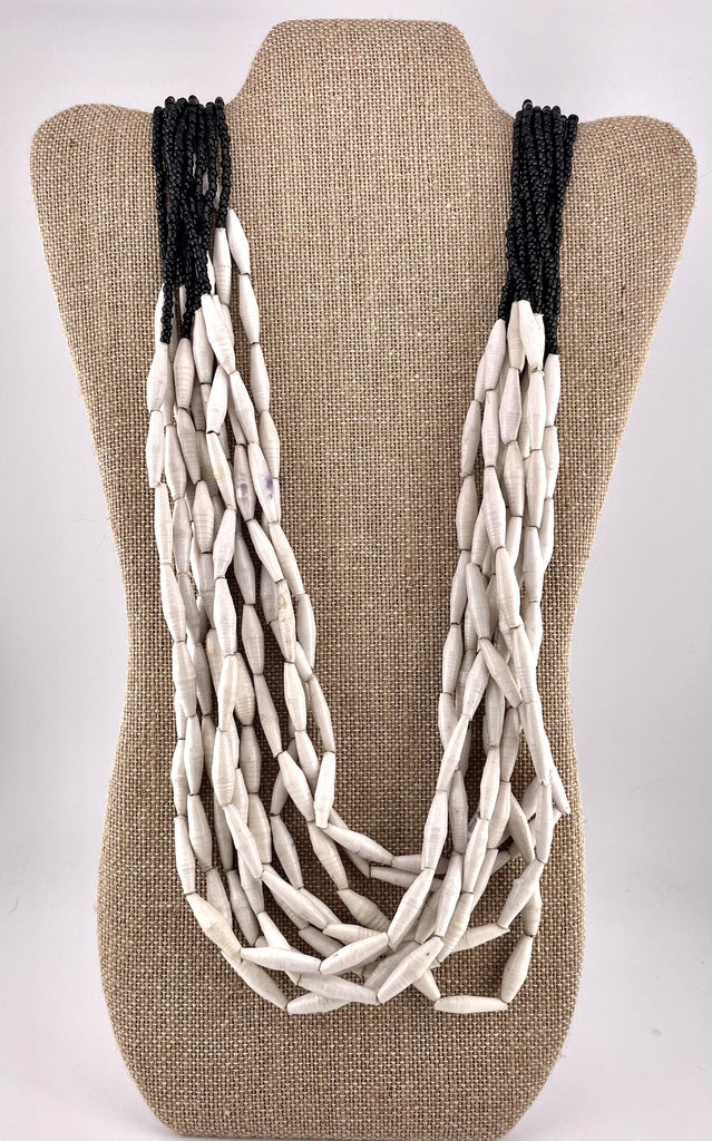 White Paper Bead & Black Seed Bead Ceremonial Necklace