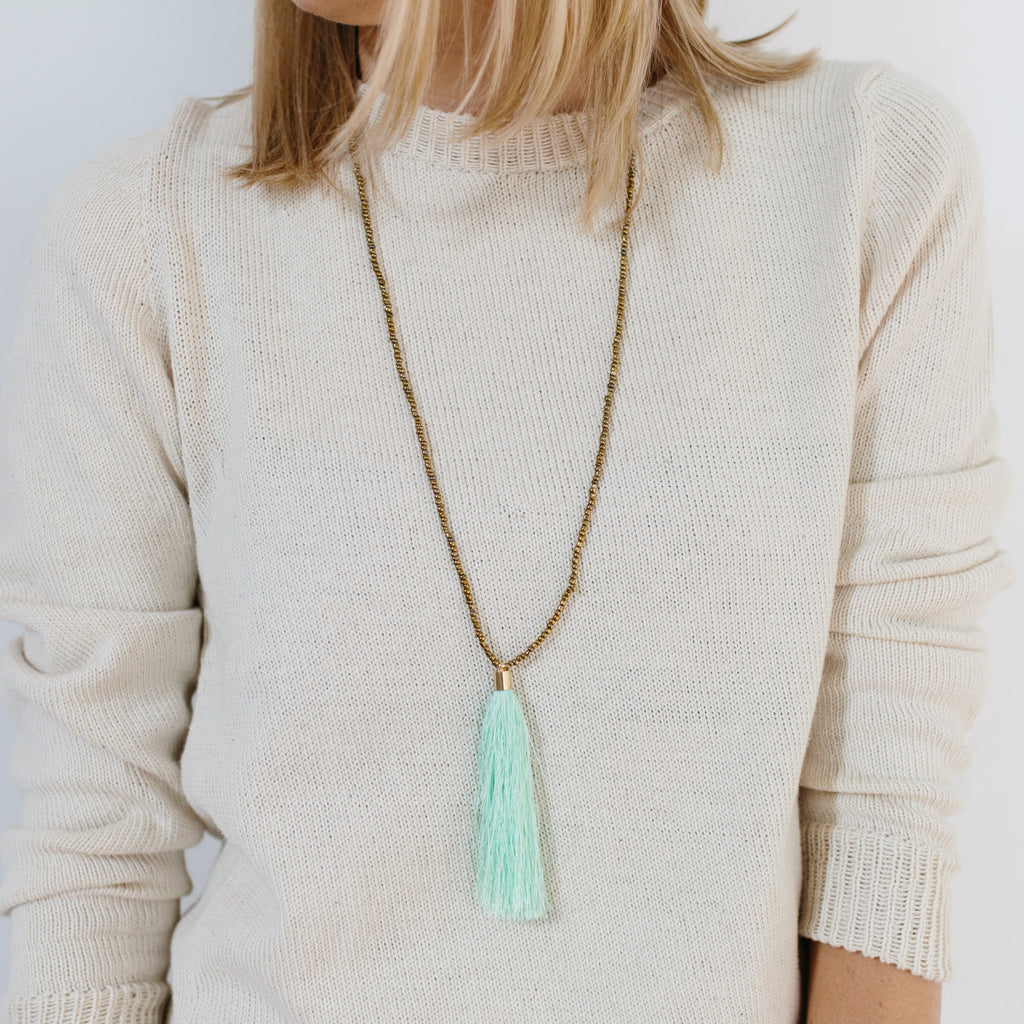 Beaded Tassel Necklace - Seafoam Thread