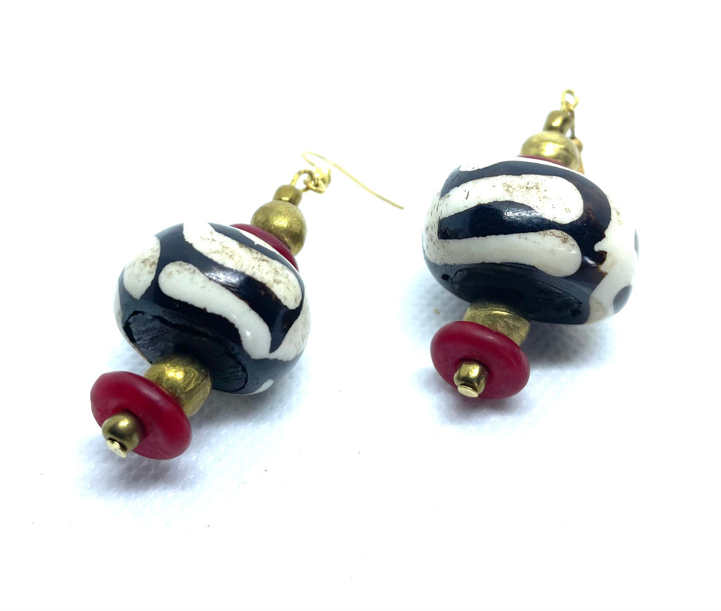 African-Etched Rondelle, Red Ghana Glass Chunky Drops
