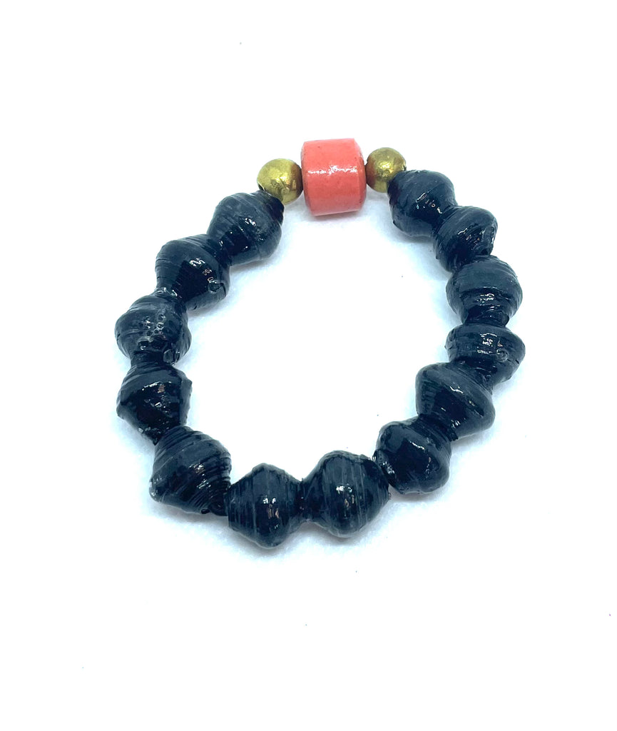 Black Paper Beads/Tangerine Stone Stretchy Bracelet