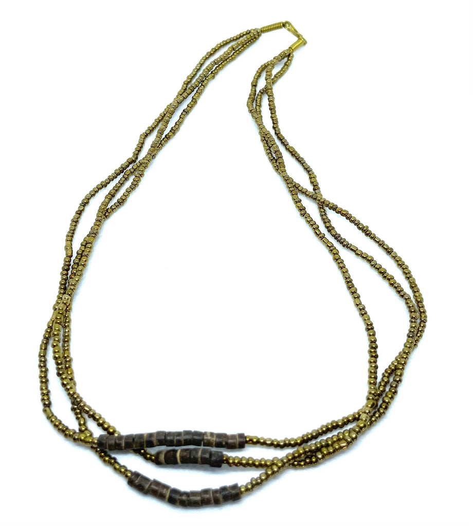 Gold Seed Bead Necklace Triple Strands with Coconut Shells