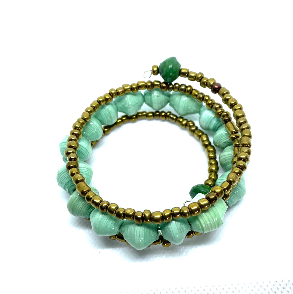 Emerald/Sea Foam Paper Bead 3-Wrap Bracelet