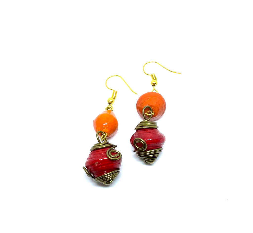 Orange & Red Paper Bead Double Drops with Twisted Wire