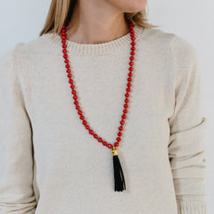 Hot Red Paper Bead & Black Leather Tassel Necklace