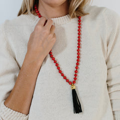 Hot Red Paper Bead & Black Leather Tassel Necklace
