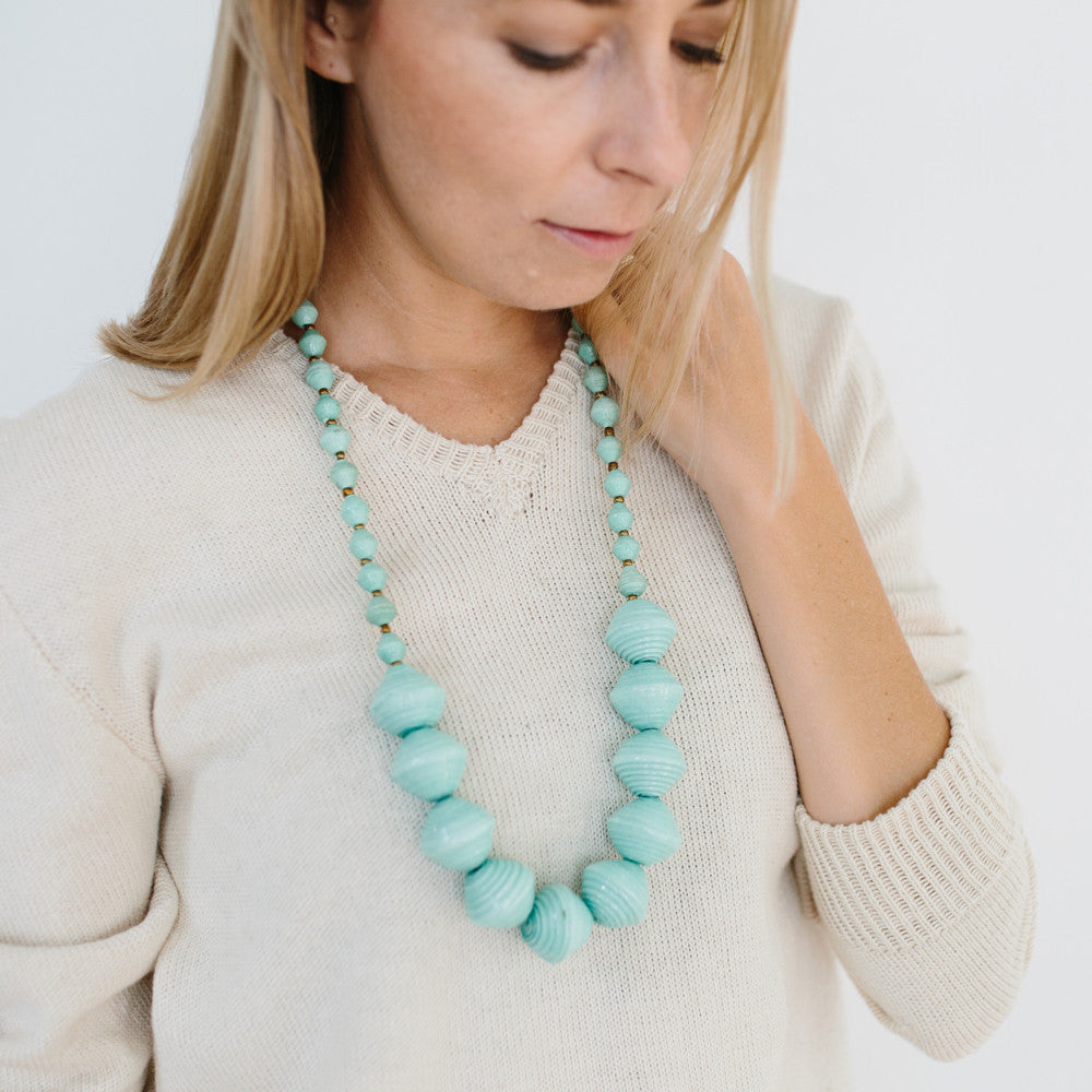 Anastasia Chunky Paper Bead Necklace-Seafoam