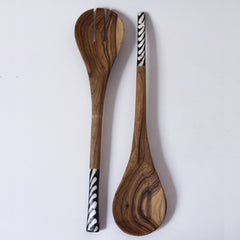 Hand-carved Olive Wood Spoon Set with Stained Cow Horn Handles