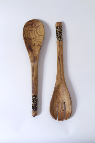 Acacia Wood Beaded Spoons - Black + Copper