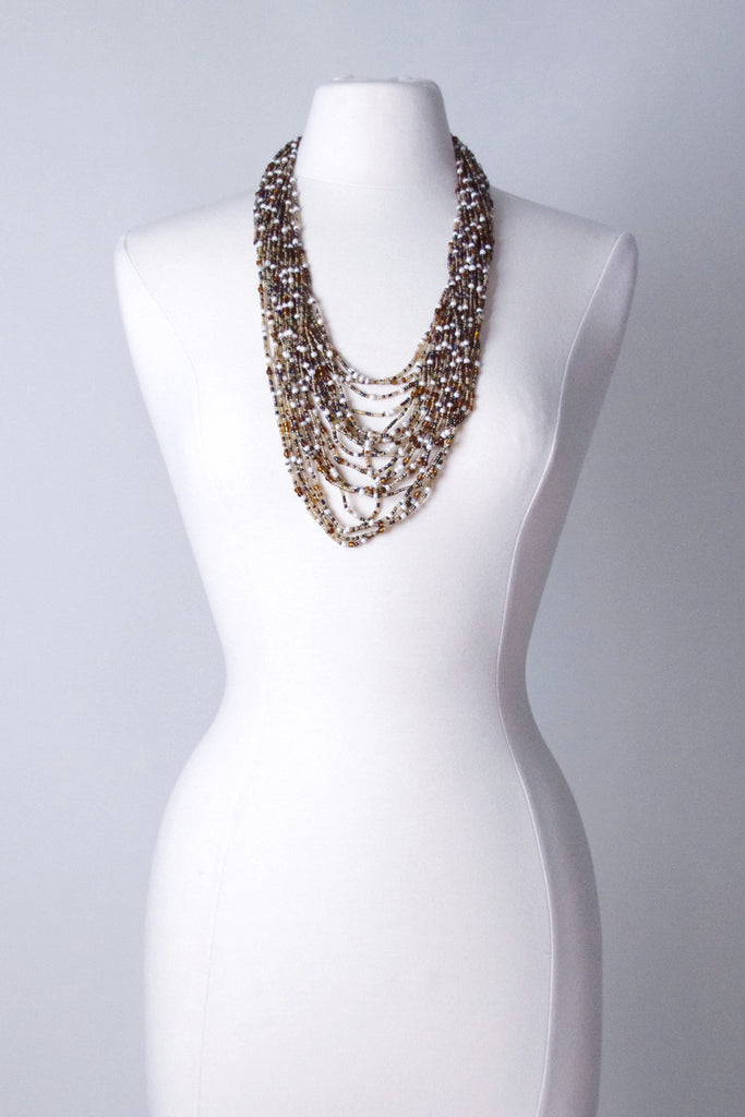 Cascading Necklace in Brown/Copper/Cream  Seed Beads