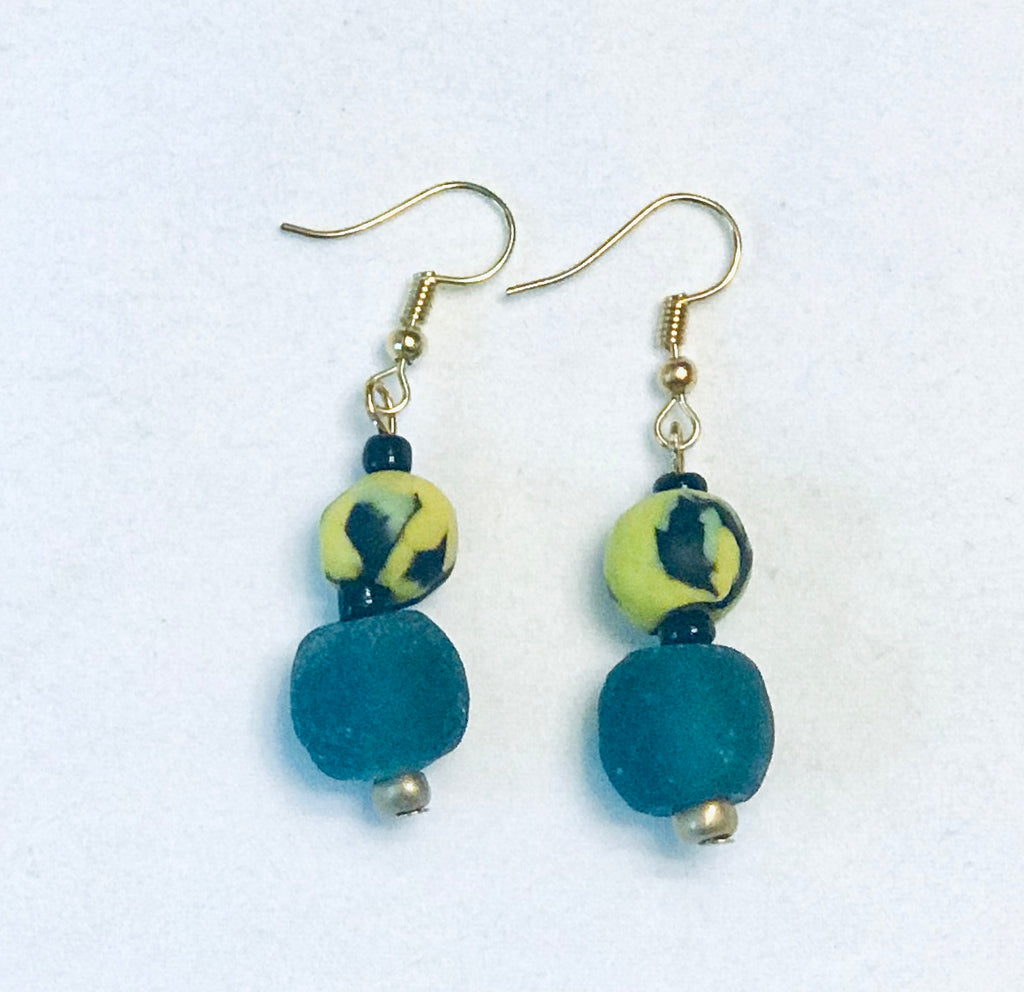 Hand-painted Yellow and Black Ghana Glass Earrings