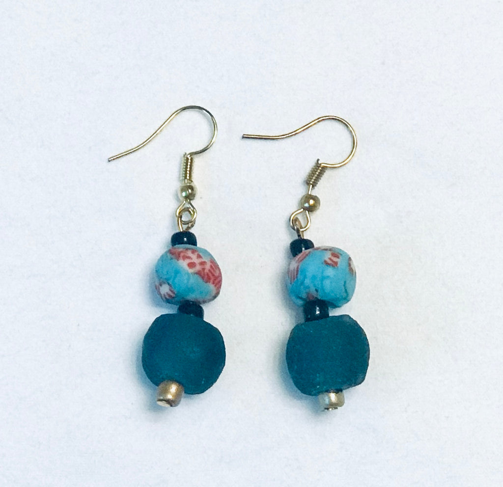 Hand-painted Blue Ghana Glass  Earrings