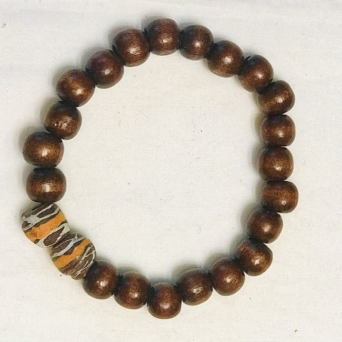 Brown Wood Bead with Clay Stretchy Unisex Bracelet