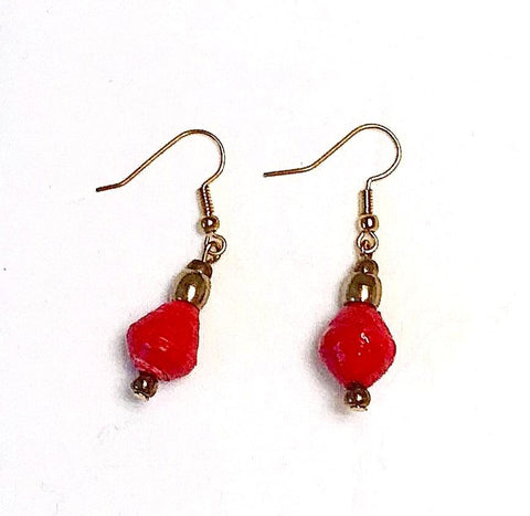 Single Drop Paper Bead Earrings - Hot Red