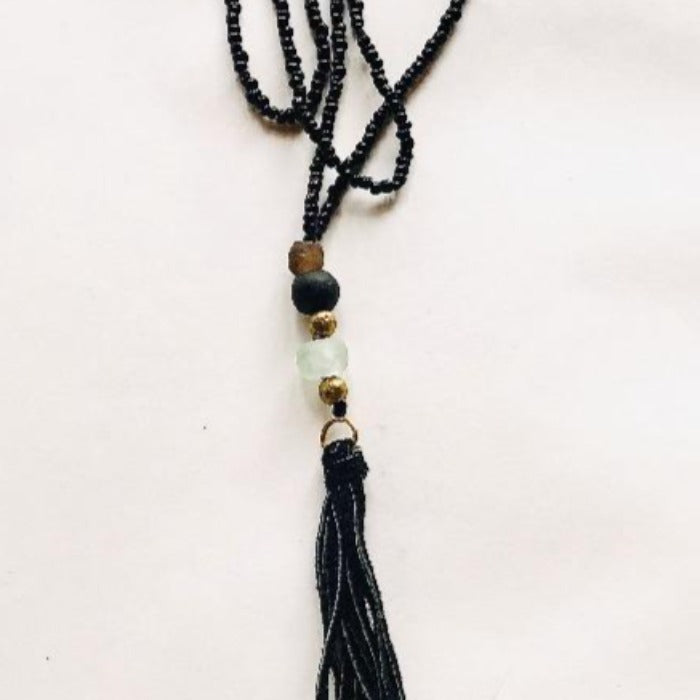 Ghana Glass/Ethiopian Brass and Black Leather Tassel Necklace