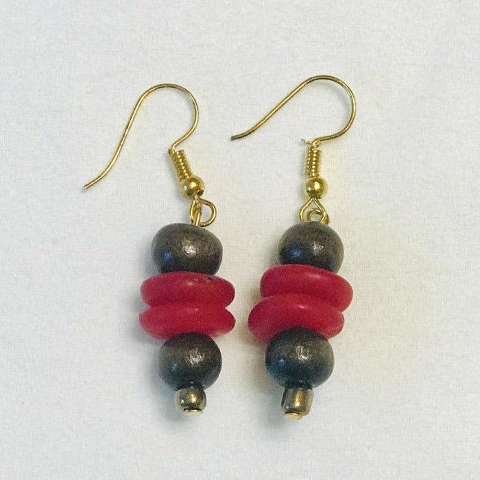Red Ghana Glass Beads/Wood Earrings