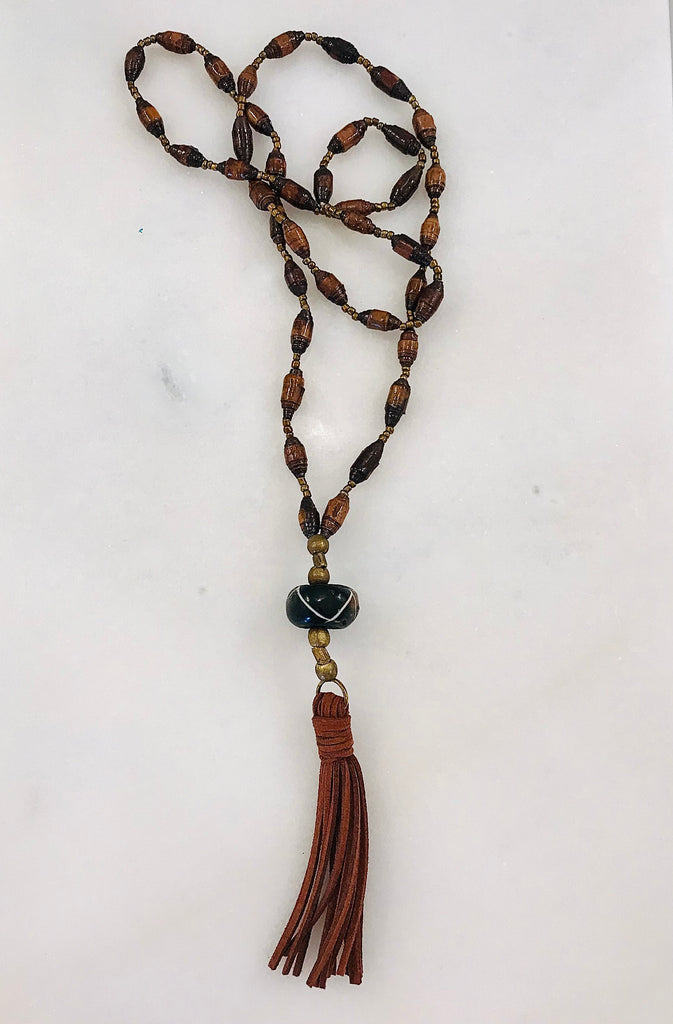 Brown Paper Bead Tassel Necklace