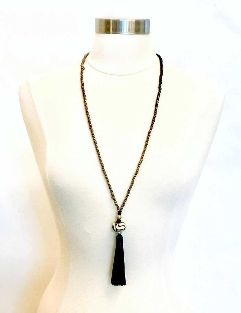 African Rondelle with Emerald Green Tassel Necklace.  Also available in Cranberry Tassel