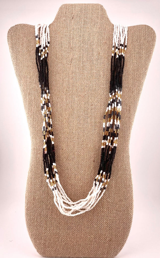 African-Style Beaded Necklace - Black, White & Gold