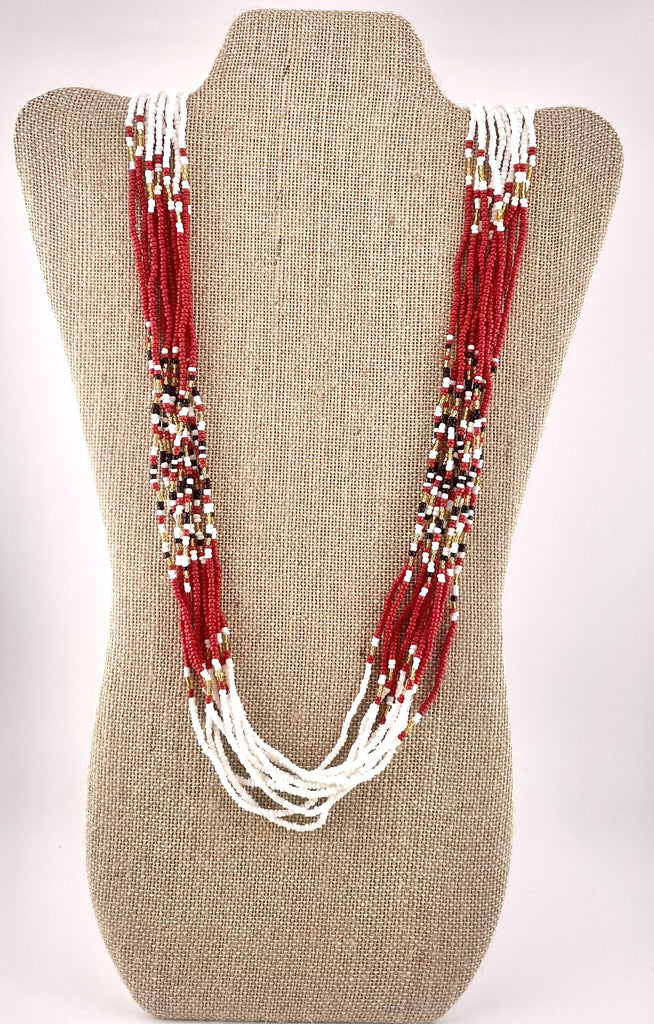 African-Style Beaded Necklace Red, White & Gold