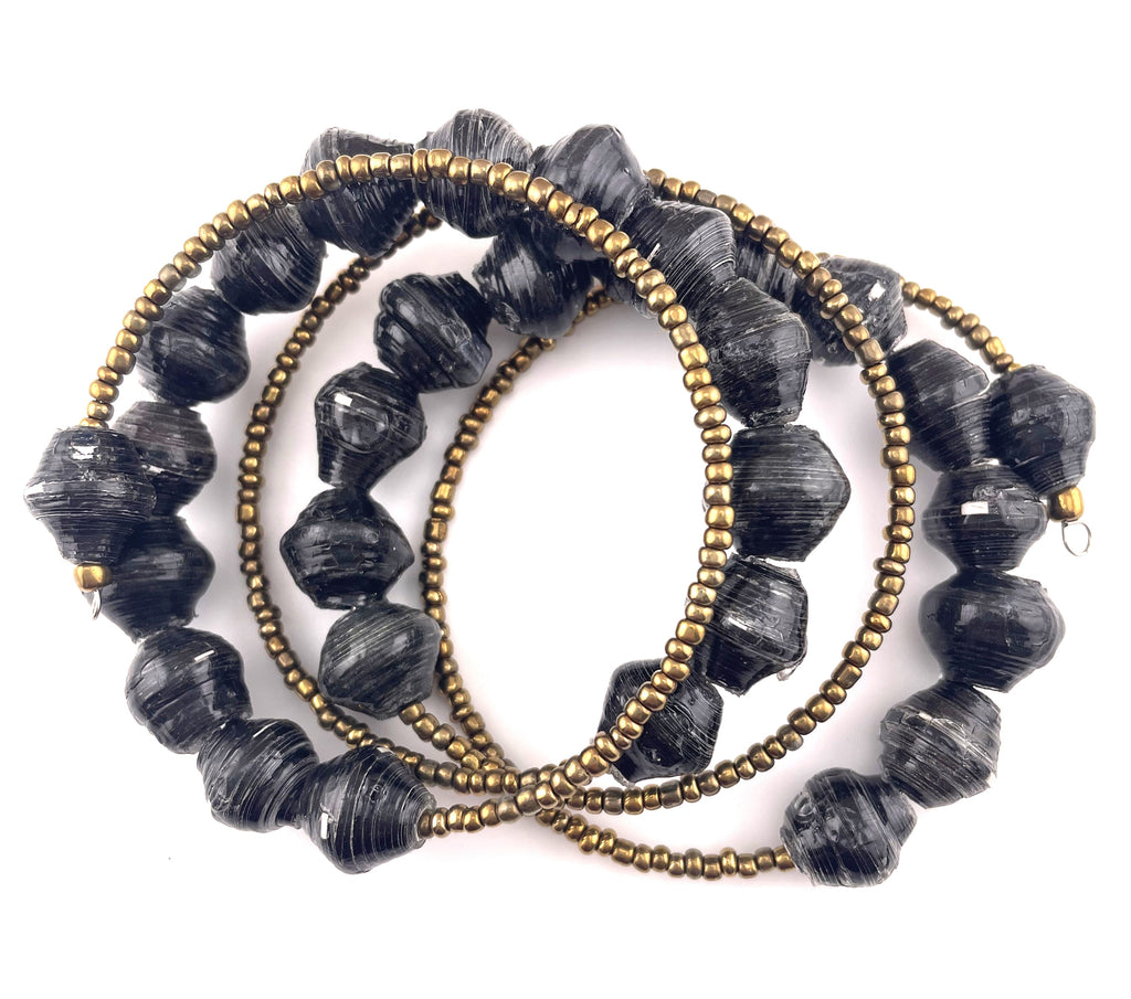 Black Paper Bead & Gold Twist Coiled Bracelet