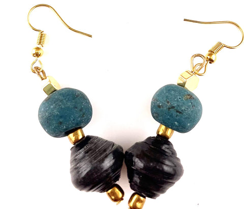 Black Paper Bead/Turquoise Ghana Glass Double Drop Earrings