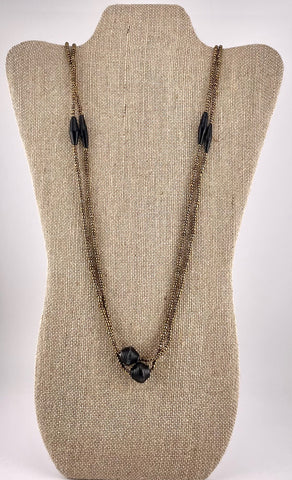 Black Paper Bead & Gold Seed Beads Long Necklace