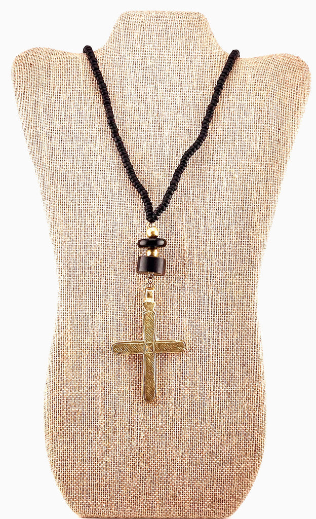 Black Wood & Gold Cross Beaded Necklace