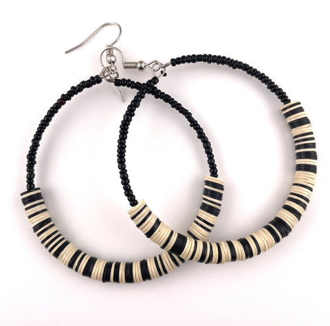 Black Seed Bead & Cream Vinyl Hoops