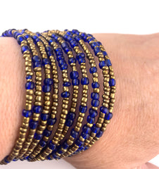 Cobalt Blue & Gold Seed Bead 10-Wrap Coiled Bracelet