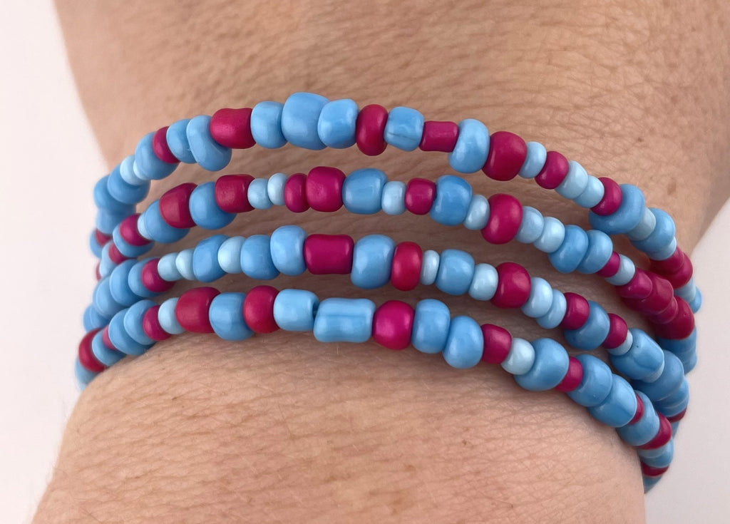 Blue & Red Seed Bead 4-Wrap Coiled Bracelet