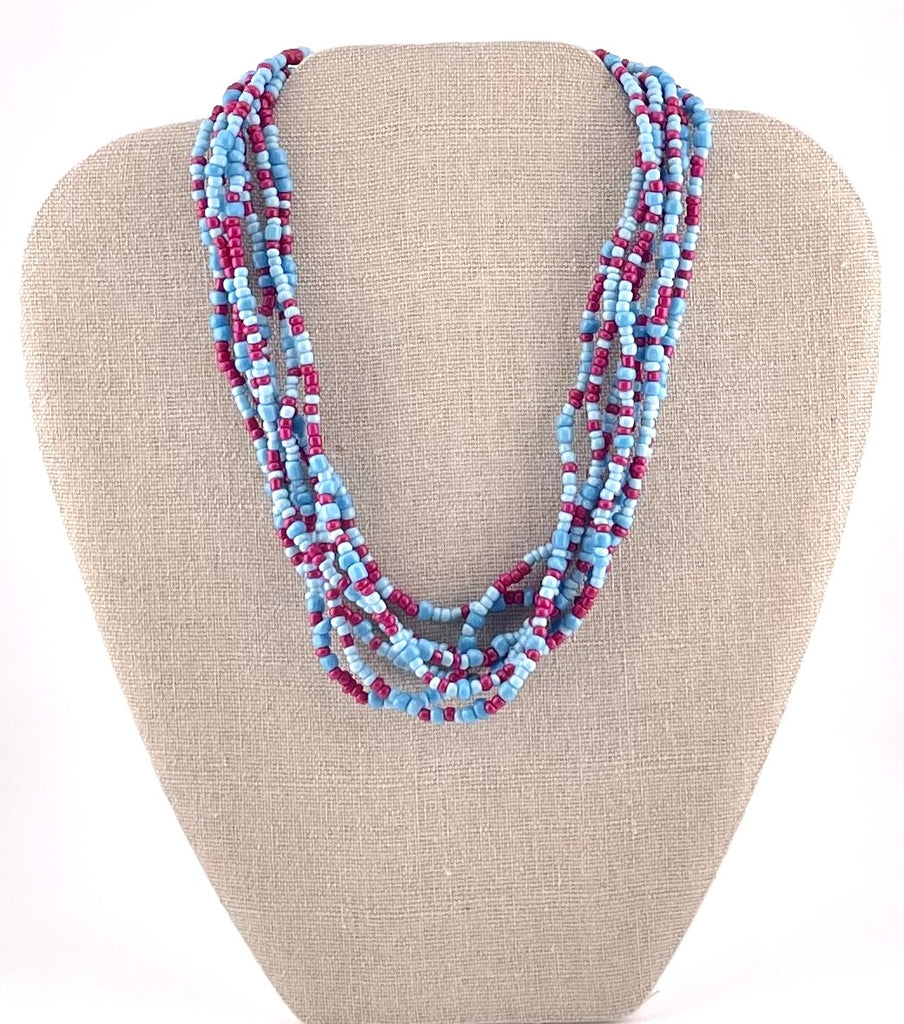 Blue & Red Seed Bead 7-Strand Necklace