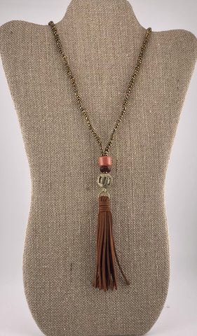 Brown Suede Tassel, Egyptian Brass and Tangerine Stone Necklace