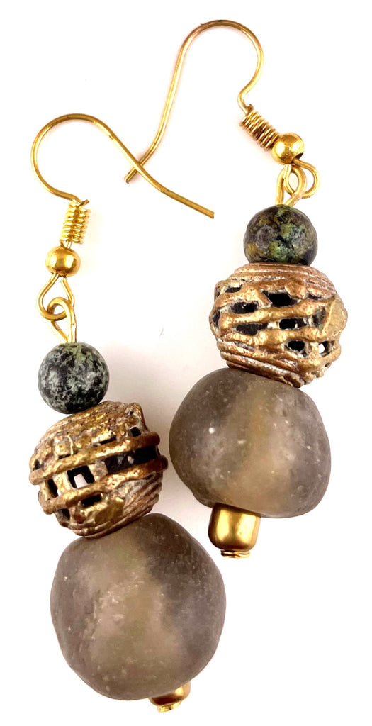 Taupe Ghana Glass/ Egyptian Brass & Jade Earrings