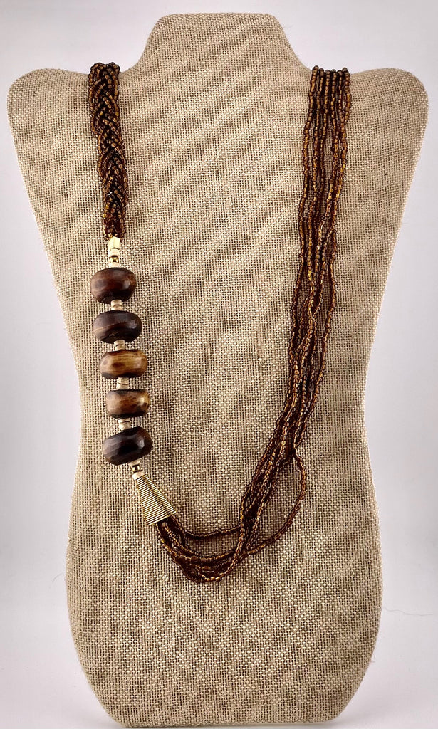 Boho-Style Copper Seed Bead  & Braided Necklace with Wood