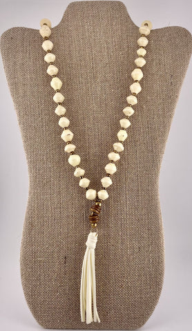 Cream Paper Bead Necklace with Suede Tassel