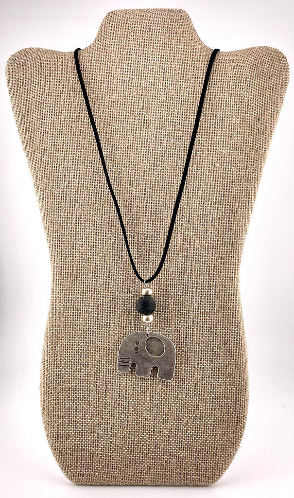 Black Suede Cord, Ghana Glass & Silver Elephant Pendant Necklace