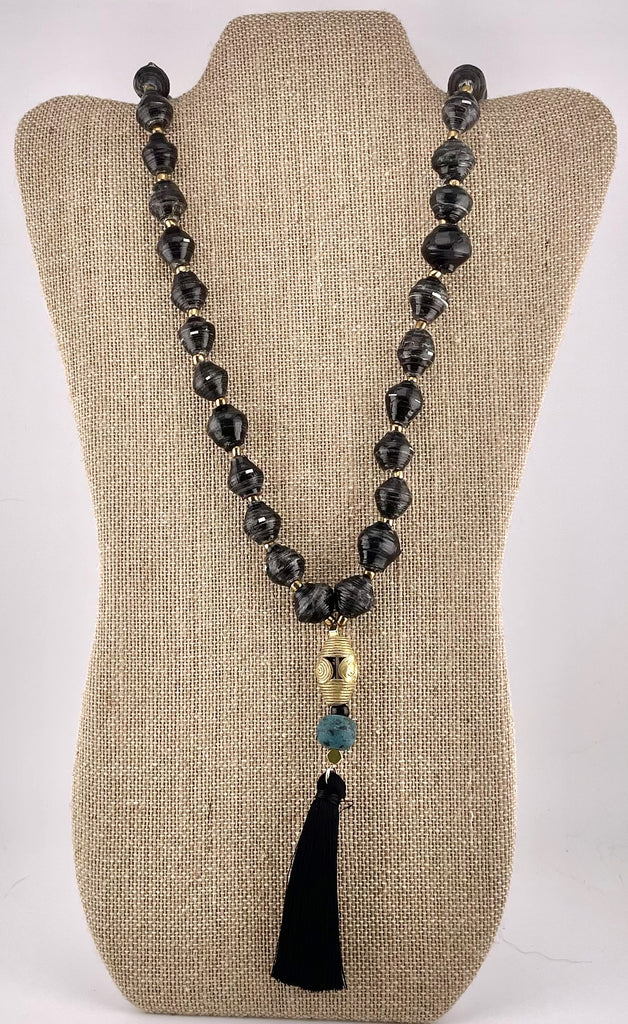 Black Paper Bead Necklace with Ethiopian Brass, Ghana Glass & Tassel