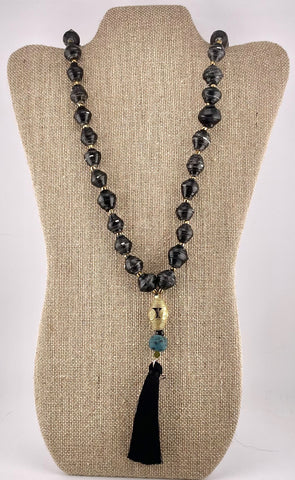 Black Paper Bead Necklace with Ethiopian Brass, Ghana Glass & Tassel