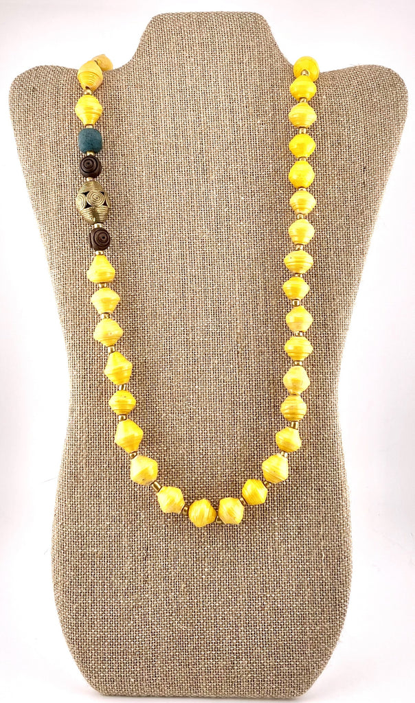 Yellow Paper Bead Necklace with Ethiopian Brass & Ghana Glass
