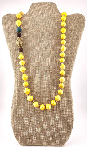 Ethiopian-style Yellow Paper Bead Necklace with African Brass & Ghana Glass