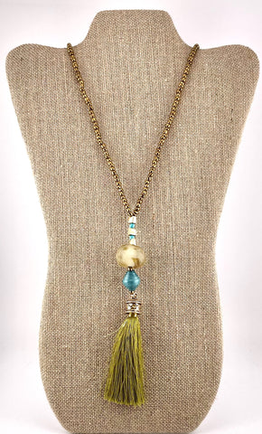 Egyptian-Style Moss Tassel Necklace with Turquoise & Gold