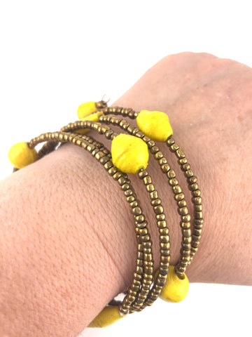 Sunshine Yellow Paper Beads with Gold Seed Beads 5-Wrap Bracelet