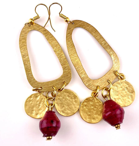 Gold Discs & Fuscia Paper Bead Earrings
